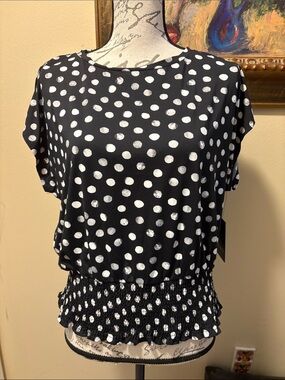 BCBG High neck polka dot stretchy short sleeve elastic smocking wide hem Blouse